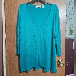 Kerisma Boho Chic Raven Teal 3/4 sleeve stretchy Deep v-neck Blouse SIZE M/L